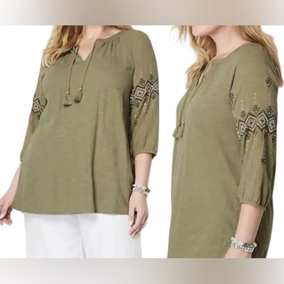 J. Jill Tops - NEW-J. Jill Olive / Sage Green Women's Bohemian Tunic with Embroidery